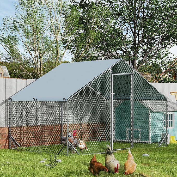 4ever2buy Large Metal Chicken Coop with Run Walk-in Poultry Cage Chicken Runs House Pen Cage Spire Roofed Chicken Coops with Anti-Ultraviolet Cover for Outdoor Backyard Farm Use 9.8’L x 6.6’W x 6.4’H-PawvioPets