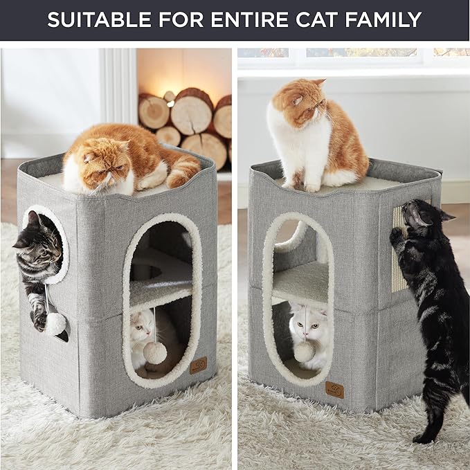 Bedsure 2 Story Cat House - Cat Condos for Indoor Cats with Scratch Pad and Fluffy Ball Hanging, Small Pet Cave Furniture Hideaway for Multi Pets, 18x14x23 inches, Grey-PawvioPets