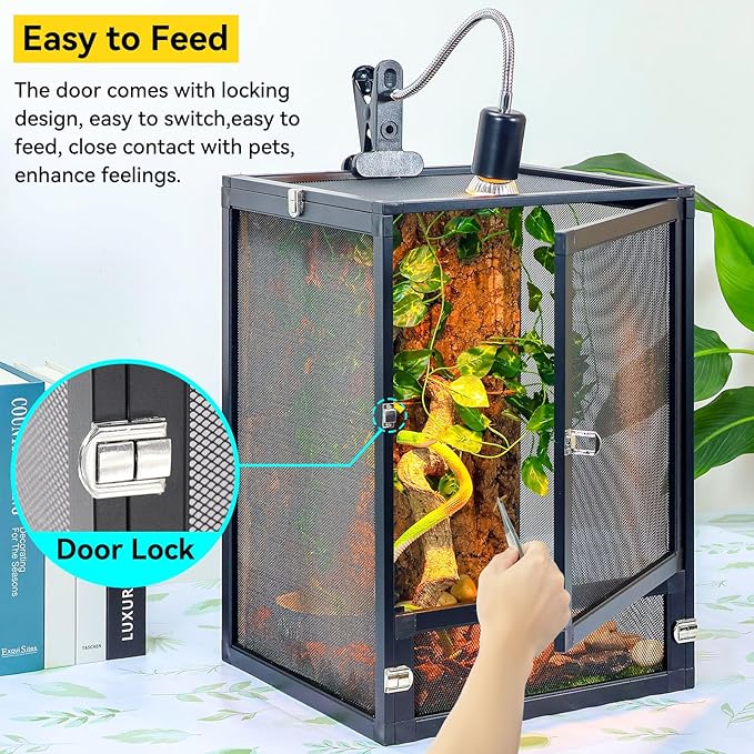 13 Gallon 360° Panoramic Foldable Reptile Terrarium Kit: Crested Gecko Tank and Reptile Cage for Superior Ventilation, Easy Feeding, Sturdiness, and Simple Assembly (Black, 18"x13"x13")-PawvioPets