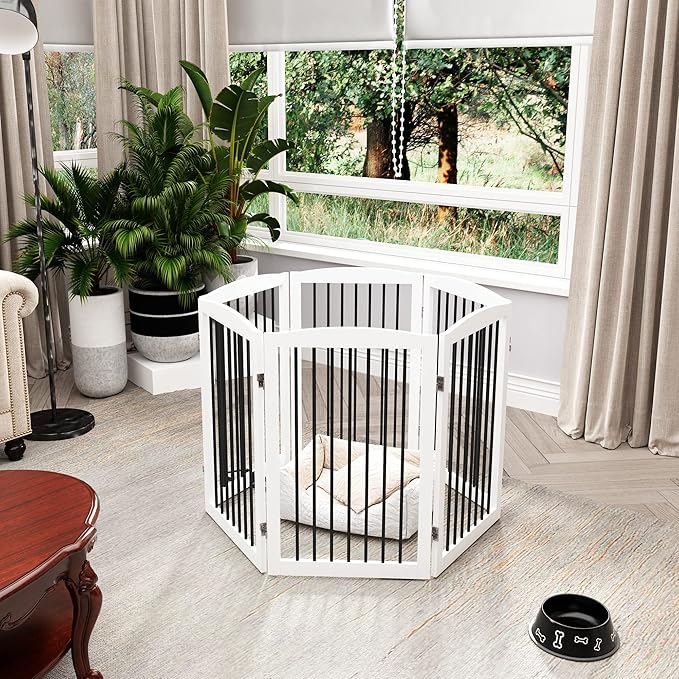 Freestanding Pet Gate for Dogs, Indoor Wooden Foldable Dog Gate for House, Extra Wide, Pet Fence for Stairs, Doorways, Halls, Support Feet Included, 120 Inch Wide, 6 Panels 32",White-PawvioPets