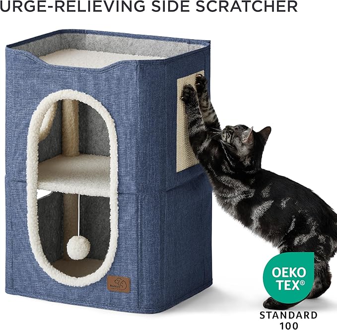 Bedsure 2 Story Cat House - Cat Condos for Indoor Cats with Scratch Pad and Fluffy Ball Hanging, Small Pet Cave Furniture Hideaway for Multi Pets, 18x14x23 inches, Blue-PawvioPets