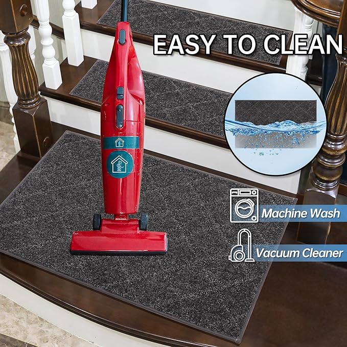 COSY HOMEER Edging Stair Treads Non-Slip Corner Indoor Stair Runners for Wooden Steps,Landing Slip Resistant Stair Rugs for Kids and Dogs, 100% Polyester TPE Backing,Black,20"X32"-PawvioPets