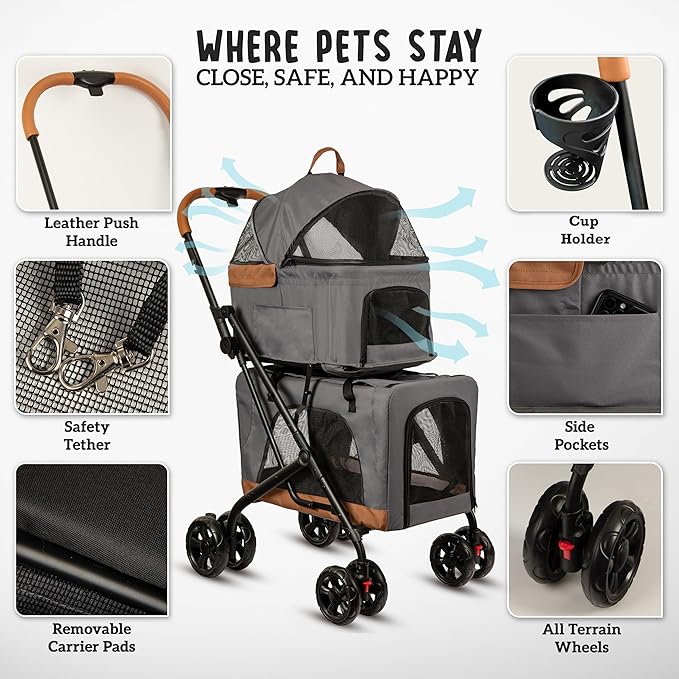 Double Pet Stroller with Detachable Carriers - Ideal for 2 Dogs or Cats - Compact & Convenient Design - Easy Assembly Double Dog Stroller - Graphite Gray-PawvioPets