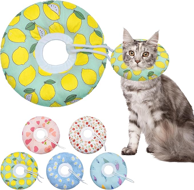 Cat Cone Collar Soft, Adjustable Cat Recovery Collars Kitten Cones to Stop Licking, Cute Donut E Collar After Surgery, Soft Cone Elizabethan Collar for Kittens (Green Lemon, Medium)-PawvioPets