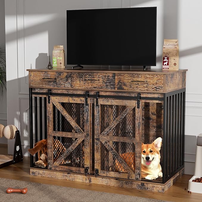 48'' Dog Crate Furniture with Removable Divider & Storage Drawers, Wooden Double Dog Cage TV Stand with 2 Sliding Barn Doors, Multi-Functional Dog Crate End Table for Indoor use (Retro Brown)-PawvioPets