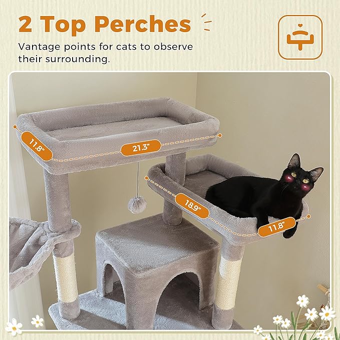 81 Inches Tall Cat Tree for Indoor Cats Large Adult - Heavy Duty Multi-Level Cat Tower with Large Metal Frame Hammock, Scratching Pad, 2 Top Perches, 2 Cozy Condos & 6 Scratching Posts - Gray-PawvioPets