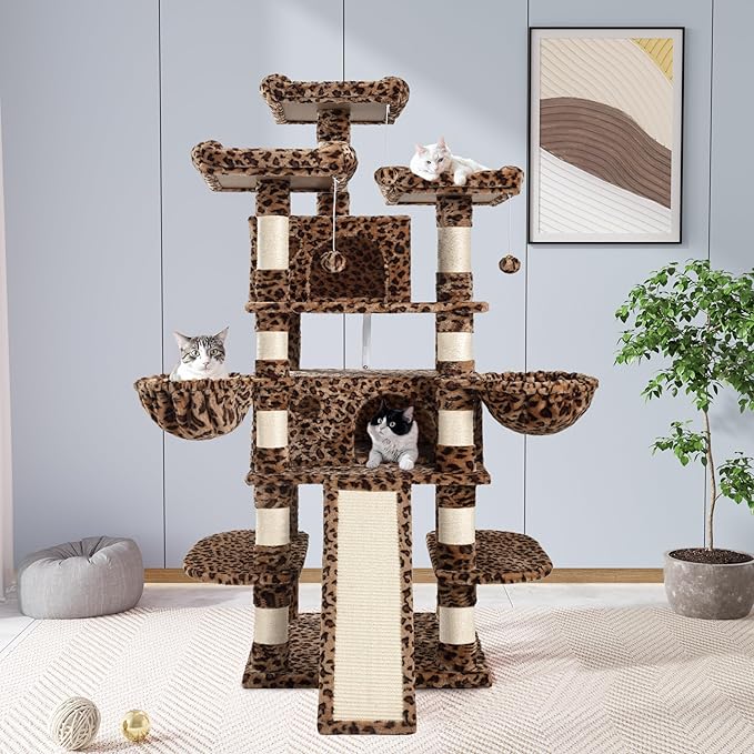 Allewie 68 Inches Cat Tree/House and Towers for Big Feline/Scratching Post/Multi-Level Large Kitty Climbing Tree with Condo/Leopard Print-PawvioPets