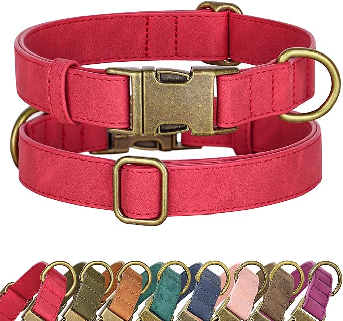 Didog Soft PU Leather Dog Collar, Stylish Quick Released Dog Collar for Large Dogs, Easy Clean Adjustable Pet Collar for Daily Walking, Red, L Fit 15-23" Neck-PawvioPets