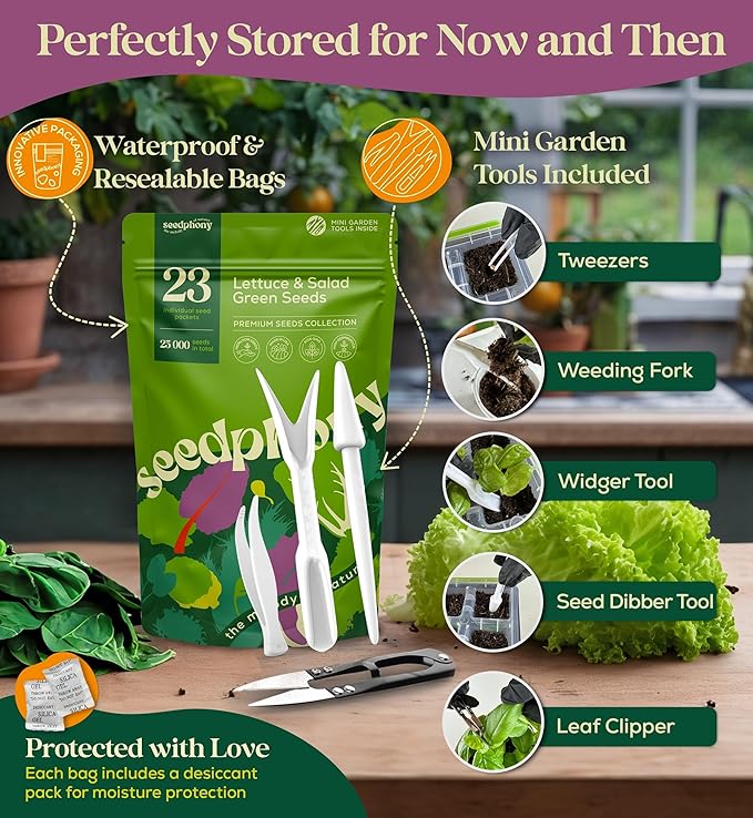 23 Lettuce & Salad Greens Seeds Variety Pack - 25,000+ Non-GMO Heirloom Greens Seeds for Planting Lettuce Indoor & Outdoor: Arugula, Mizuna, Kale, Spinach, Swiss Chard, Mache & More Lettuce Seeds-PawvioPets