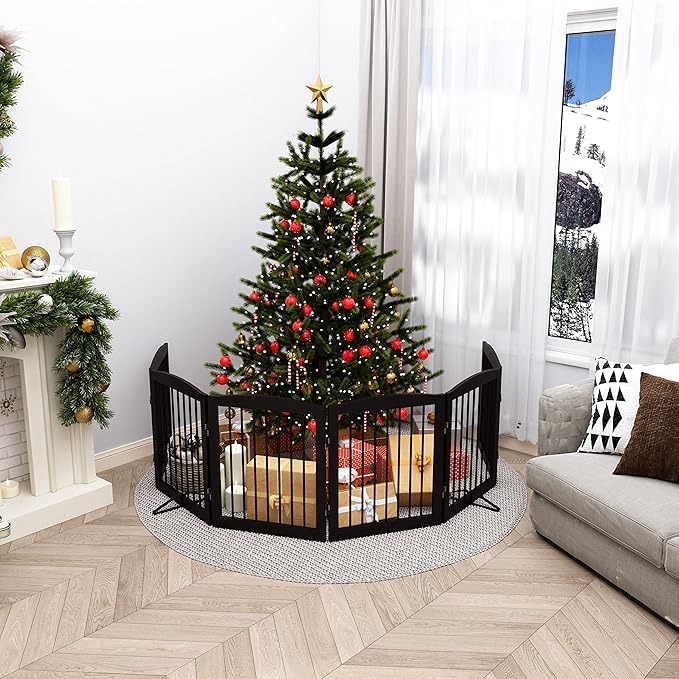 Freestanding Pet Gate for Dogs, Foldable Wooden Dog Gate for House, Extra Wide Indoor Pet Barrier for Stair, Doorway, Hall, Support Feet Included, 120 Inch Wide, 6 Panels 24", Brown-PawvioPets