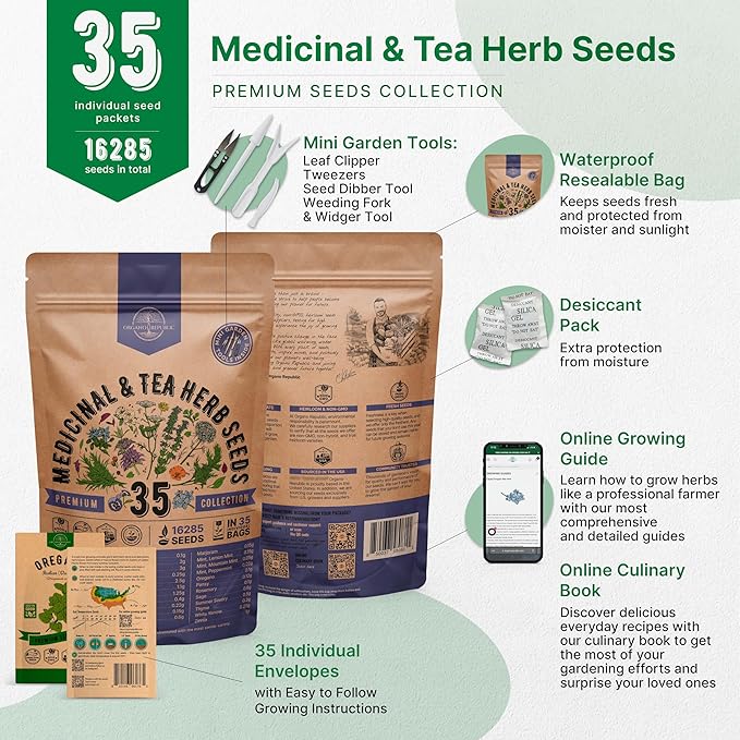 35 Medicinal & Tea Herb Seeds Variety Pack for Indoor & Outdoors. 16,335+ Non-GMO Heirloom Garden Seeds: Anise, Bergamot, Borage, Cilantro, Chamomile, Dandelion, Rosemary Seeds & More-PawvioPets