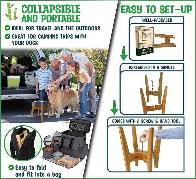 Dog Bowl Stand (12-inch High) - Ideal for Large Breeds - Adjustable Sideways, Slanted Feet - Elevates, Raises Pet Food Feeders, Water Dishes, Fountains, Dispensers - Bamboo Stand Only-PawvioPets