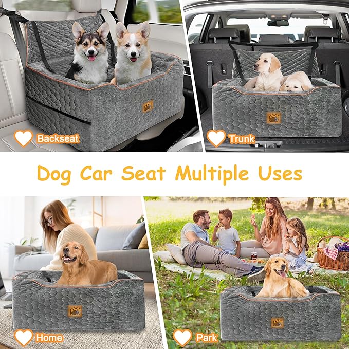 Dog Car Seat for Medium/Large Dog Booster Seat Under 60 lbs or 2 Small Dogs, Multi-Functional Pet Car Seat with Thick Cushion, 2 Safety Leashes (Gray)-PawvioPets