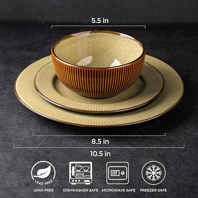 GBHOME Ceramic Dinnerware Sets,12 pcs Embossed Elegant Stoneware Plates and Bowls Sets, Housewarming Wedding Gift | Dishwasher & Microwave Safe | Dishes Set Service for 4-PawvioPets