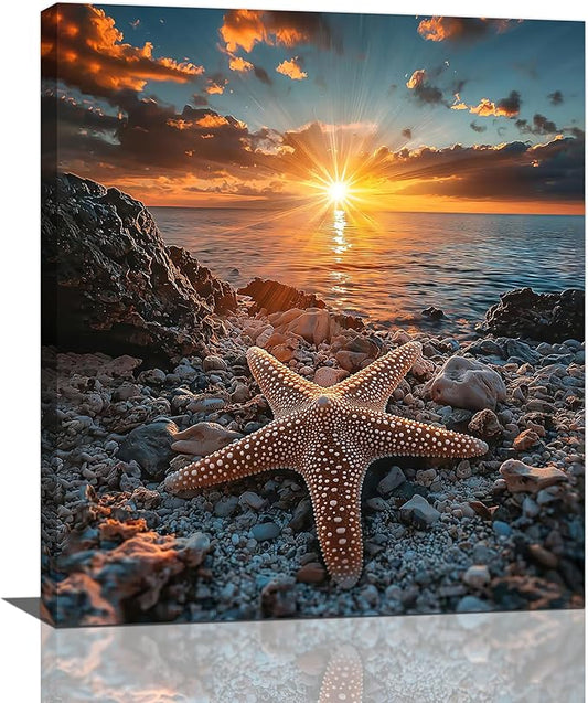 Beach Starfish Wall Decor Ocean Starfish Wall Art Sunset Scenery Coastal Theme Pictures Canvas Nature Seascape Painting Print Framed Artwork Decorations for Home Bathroom Living Room Bedroom Office 24"x20"-PawvioPets
