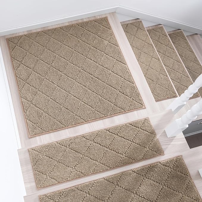 COSY HOMEER Edging Stair Treads Non-Slip Corner Indoor Stair Runners for Wooden Steps,Landing Slip Resistant Stair Rugs Mat for Kids and Dogs,100% Polyester TPE Backing,Beige,30x30 inch-PawvioPets