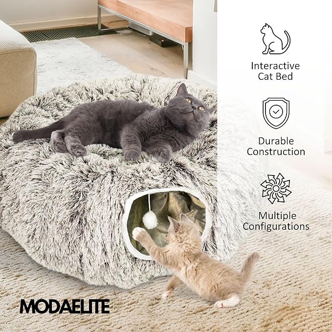 Cat Donut Bed with Washable Cushion – Cat Caves for Indoor Cats – Collapsible Donut Bed with Peekaboo Pet Tunnel Toy – Cozy Hideout for Kittens, Ferrets, Rabbits & Dogs - Brown-PawvioPets
