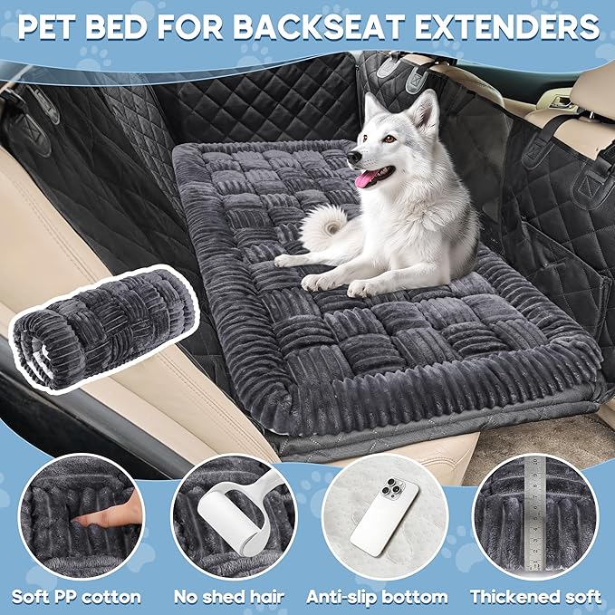 Dog Car Bed Mat, Non-Slip Backseat Extender Pet Blanket, Plaid Dog Bed for SUVs, Sedans & Trucks, Chew-Resistant Travel Pad for Dogs, Easy Clean & Scratch-Proof & Comfort (50"×24.6") Gray-PawvioPets