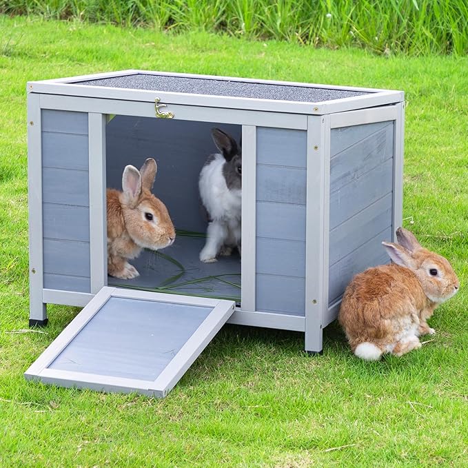 COZIWOW 24inches Wooden Catio Outdoor Cat House Small Animal House，Rabbit Hutch Indoor，Stable Weatherproof Bunny Cage Pet Shelter for Small Cat Dog Rabbit Guinea Pig (Grey)-PawvioPets