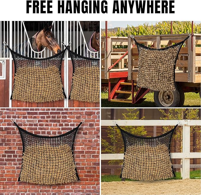 4 PCS Slow Feed Hay Net for Horses, Large Capacity Hay Bags for Horses Goats Sheep Donkey Trailer Full Day Feeding, Easy to Fill and Hang, Black, 35 x 31 Inch-PawvioPets