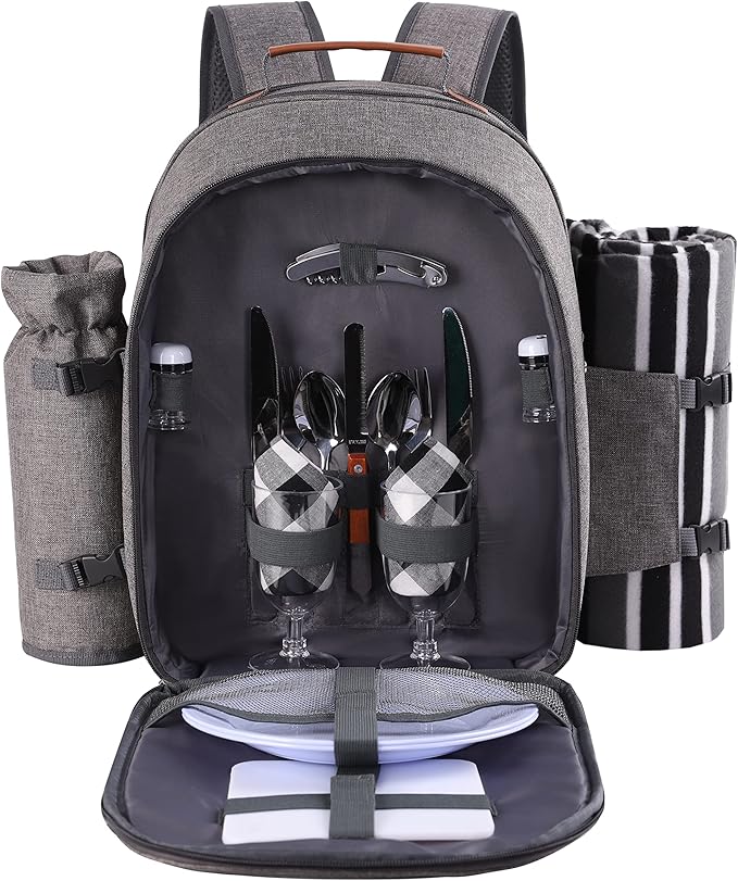 Apollo Walker Picnic Backpack Set for 2 Person with Cooler Compartment, Detachable Bottle/Wine Holder, Fleece Blanket, Plates and Cutlery Set-PawvioPets