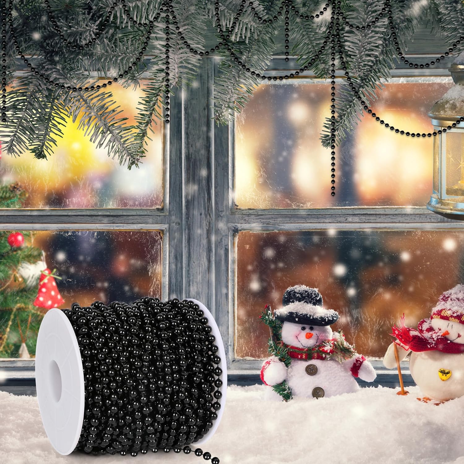 100 Feet Garland for Christmas Tree, Black Christmas Beads Decorations, Xmas Tree Decorations Artificial Pearl Garland Chain for Home Fireplace Curtains Decor Xmas Party Decor