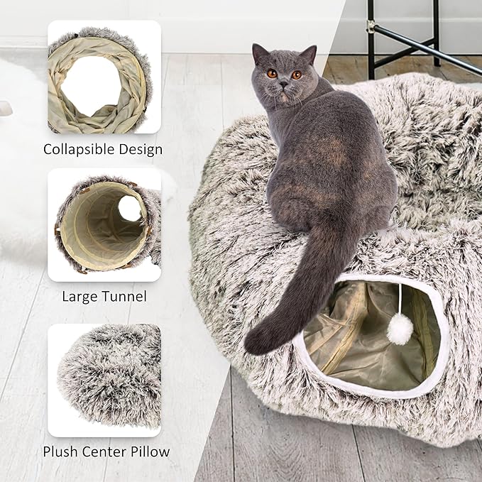 Cat Donut Bed with Washable Cushion – Cat Caves for Indoor Cats – Collapsible Donut Bed with Peekaboo Pet Tunnel Toy – Cozy Hideout for Kittens, Ferrets, Rabbits & Dogs - Brown-PawvioPets