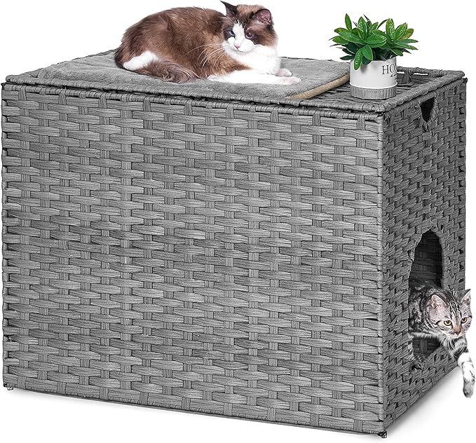 Cat Litter Box Enclosure with Litter Trapping Mat; Handwoven Plastic Rattan Cat House; No Installation Hidden Cat Washroom; Pet Crate for Balcony,Bedroom,Living Room-PawvioPets