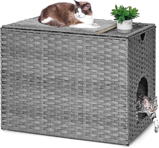 Cat Litter Box Enclosure with Litter Trapping Mat; Handwoven Plastic Rattan Cat House; No Installation Hidden Cat Washroom; Pet Crate for Balcony,Bedroom,Living Room-PawvioPets