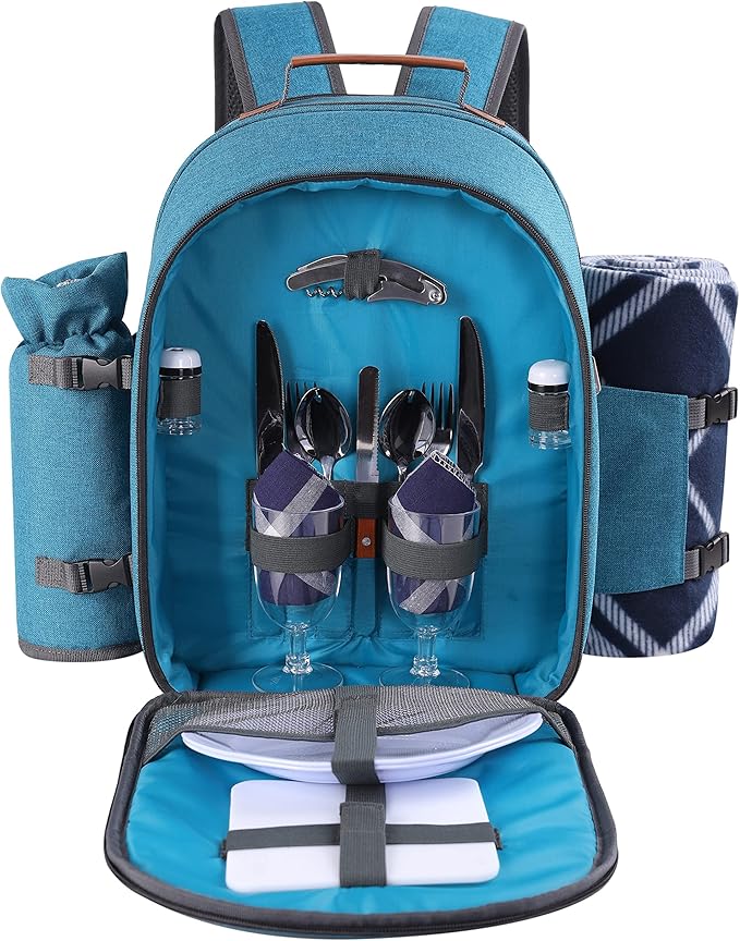 Apollo Walker Picnic Backpack Set for 2 Person with Cooler Compartment, Detachable Bottle/Wine Holder, Fleece Blanket, Plates and Cutlery Set (Teal)-PawvioPets