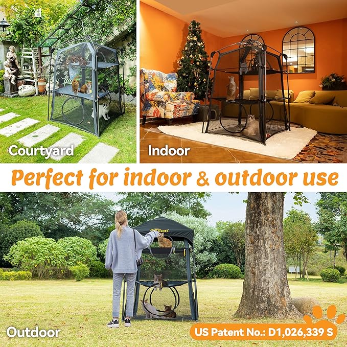 Extra Large Catio Outdoor Cat Enclosure,3 Tier Cat Tower Tent Weatherproof & Sunproof with 3 Doors, Foladable and Portable for Patio, Deck,Camping, Indoor & Outdoor(Patented)-Wave Shade-PawvioPets
