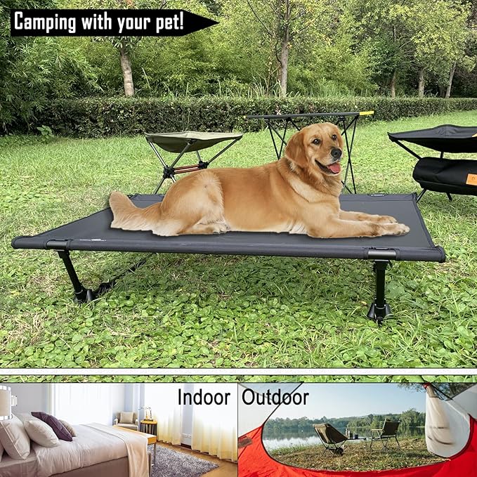 Folding Elevated Dog Bed – Portable Collapsible Raised Dog Cots Cooling Pet Bed with Aluminum Frame, Lever Locking System, Breathable Mesh for Camping, Beach, Lawn, Travel-PawvioPets
