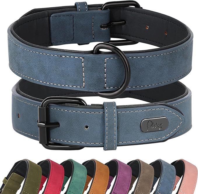 Didog Soft Padded PU Leather Dog Collar, Breathable and Adjustable Dog Collar for Large Dogs, Comfortable for Daily Walk, Blue, XL Fit Neck 17-21"(44-71 lbs)-PawvioPets