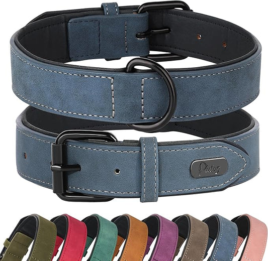 Didog Soft Padded PU Leather Dog Collar, Breathable and Adjustable Dog Collars for Medium Dogs, Comfortable for Daily Walk, Blue, L Fit Neck 13-17"(22-44 lbs)-PawvioPets