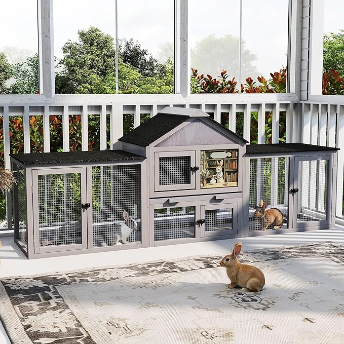 COZIWOW 82inches Extra Large Wood Rabbit Hutch Outdoor Easy to Assemble and Stable Bunny Cage Indoor with Cleaning Tray & Waterproof Roof for Small and Medium Bunny Rabbit Chick (Grey)-PawvioPets