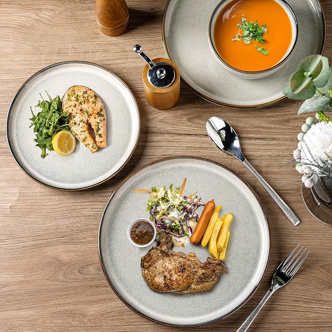 GBHOME Ceramic Dinnerware Sets for 4, 12 Pieces Stoneware Plates and Bowls Sets, Reactive Glaze Dishes -Scratch Resistant, Dishwasher&Microwave Safe, Green Wheat-PawvioPets