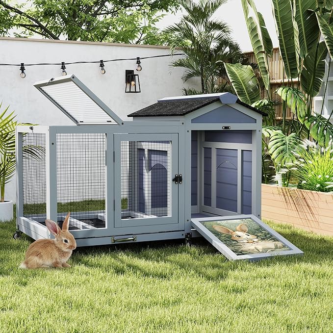 COZIWOW 38.5inches Durable Wooden Rabbit Cage Indoor，Wide Space Small Animal House with Removable Tray&Safety Lock，Rubbit Hutch with Waterproof Roof&Solar Panels (Grey with Pattern)-PawvioPets