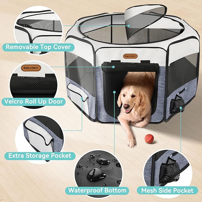 Dog Playpen, Portable Pet Play Pen Foldable Carrying Case, Puppy Pens Outsid for Small Cat Indoor/Outdoor, Removable Mesh Shade Cover-PawvioPets