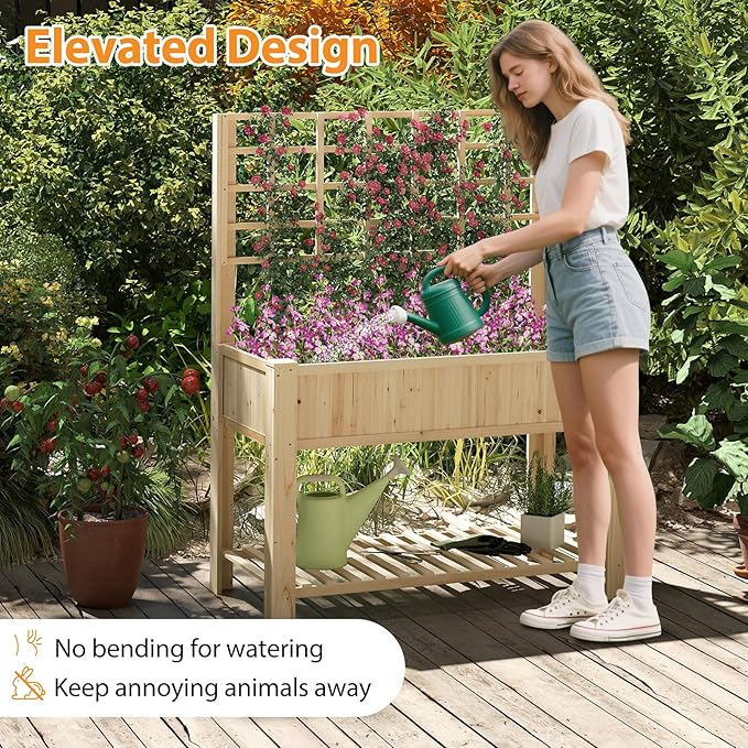 Giantex Raised Garden Bed with Trellis, Wooden Elevated Planter Box with Legs, Drainage Holes for Climbing Plants Vines Vegetables Flowers Herbs, Outdoor Horticulture Planter for Patio Yard-PawvioPets