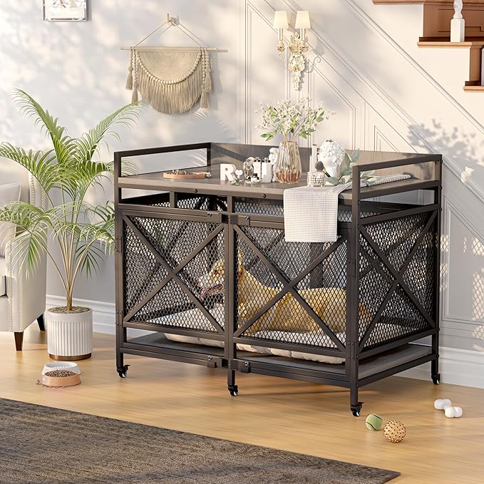 COZPAW Large Dog Crate Furniture, 48 Inch Wooden Dog Kennel for XLarge Dogs, Heavy Duty Dogs Furniture Indoor Wire Dog Cage with Caster Wheels,Decorative Pet House End Table, Textured Gray-PawvioPets