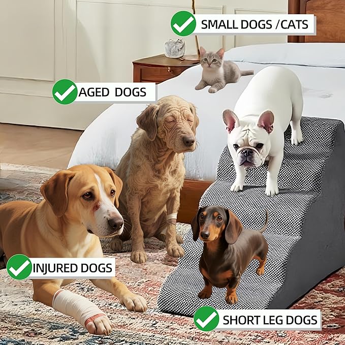 4 Step Pet Stairs Ramp for High Beds Sofas 18-24 Inch with Sturdy Non Slip Waterproof Pads, Machine Washable Cover Indoor Balanced Design for Cats Dogs Small Medium Large XL Pets Grey-PawvioPets