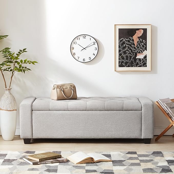 48" Ottoman with Storage, Storage Ottoman Bench with Safety Hinge, Upholstered Entryway Bench with Seating for Bedroom, Living Room, Holds up to 330 lb(Light Gray)-PawvioPets