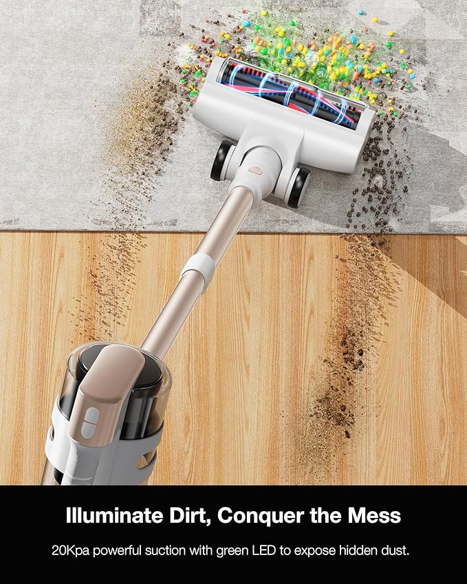 Cordless Stick Vacuum Cleaner for Home, Lightweight Rechargeable Vacuum with 55min Runtime, Powerful Suction, Green LED Headlight, 9-in-1 Pet Hair Carpet & Hardwood Floor Cleaner-PawvioPets