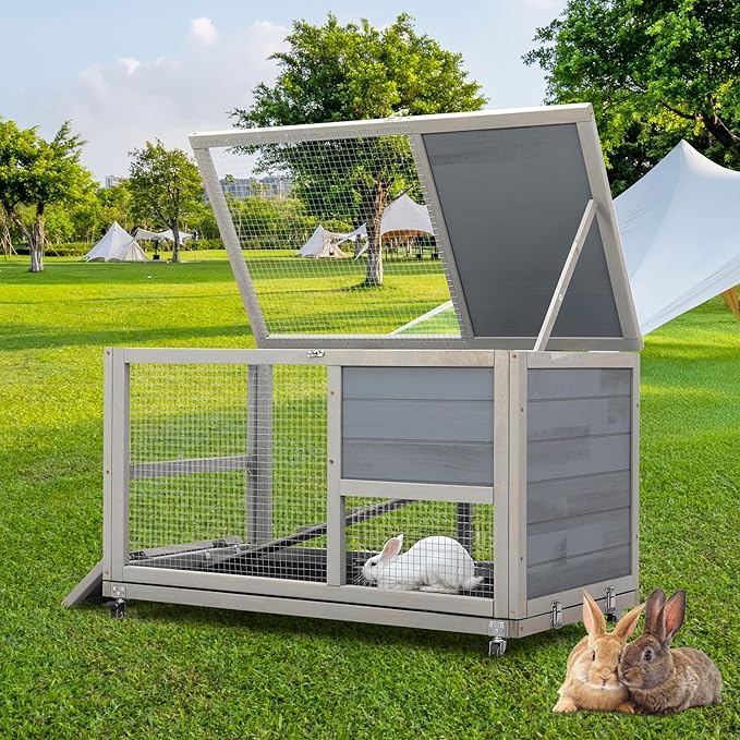 COZIWOW Wooden 36Inches Rabbit Hutch Outdoor with Wheels Bunny Cage Indoor Rabbit Cage with Clean Tray, Openable Roof, Anti-Slip Ramp for Small Bunny (Grey with Pattern)-PawvioPets