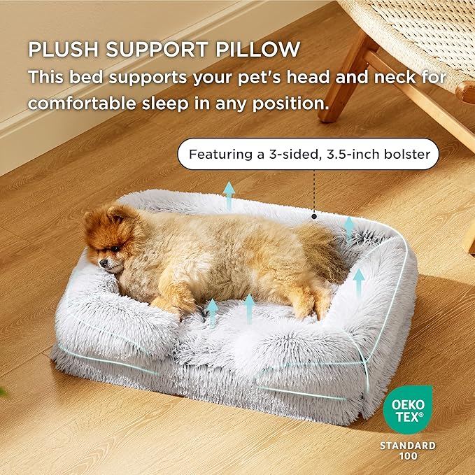 Bedsure Orthopedic Dog Beds for Small Dogs - Washable Small Dog Cat Bed Waterproof, Comfort Pet Couch Sofa with Washable Removable Cover, Pets Bed with Nonskid Bottom, Long Faux Fur-Misty Grey, 24"-PawvioPets