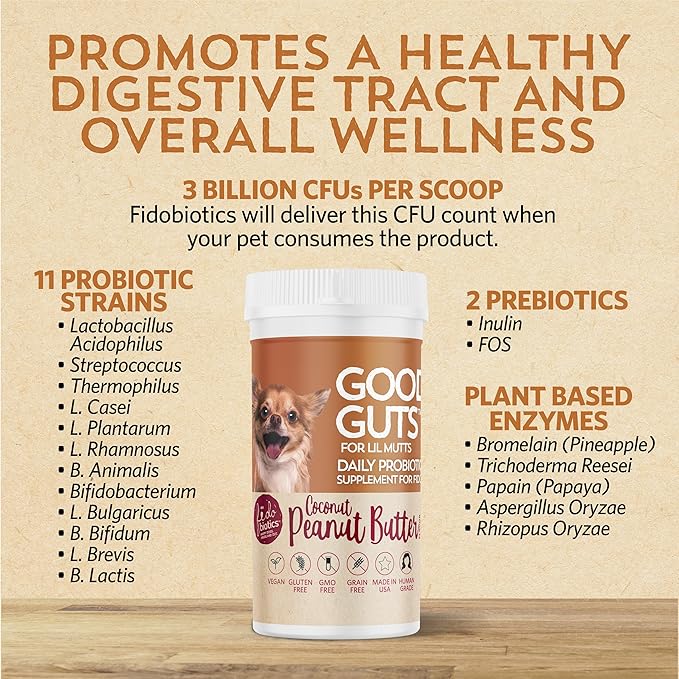 Fidobiotics Good Guts for Lil Mutts Probiotic for Dogs, Billions of CFUs, 11 Strains, 5 Digestive Enzymes, 2 Prebiotics, Digestive Gut Health for Dogs, Adult & Puppy Probiotics Supplements (30 Days)-PawvioPets