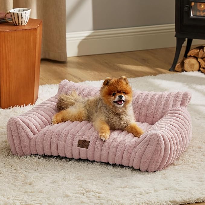 Bedsure Cute Cat Couch for Pets - Fluffy Small Dog Sofa with Premium Soft Corduroy Fleece, Pet Sofa with Removable Washable Cover, Supportive Dog Couch Bed for Small Medium Dogs, 30inch, Blush Pink-PawvioPets