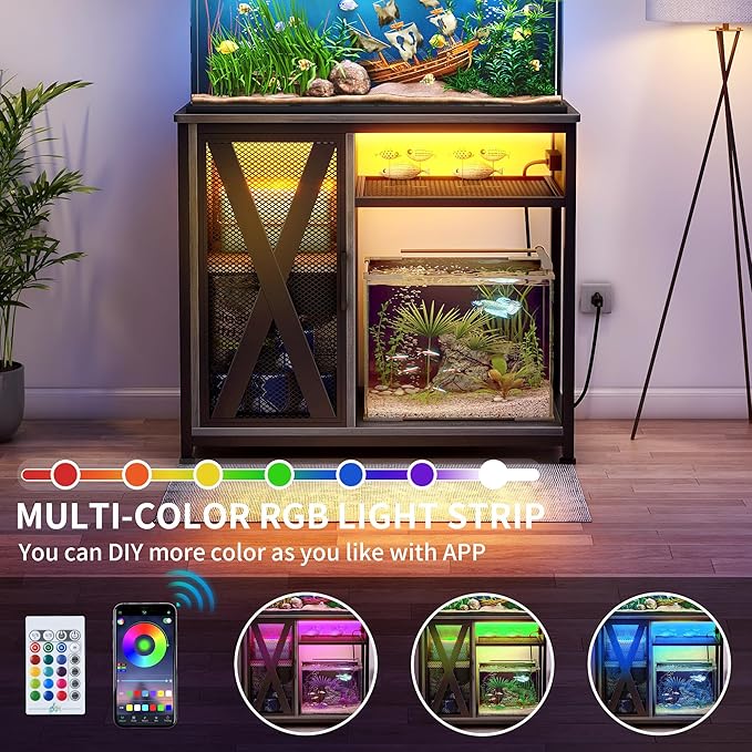 DWVO 40-50 Gallon Aquarium Stand with Power Outlets & LED Light, Cabinet for Fish Tank Accessories Storage - Metal Fish Tank Stand Suitable for Turtle, Reptile Terrarium, 660LBS Capacity, Grey-PawvioPets