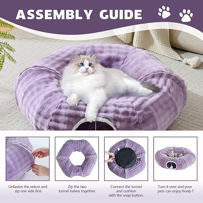 Bubble Cat Tunnel for Indoor Cats, Round Peekaboo Cave Toy with Dangling Balls, Donut Tunnel Bed with Circle Mat for Puppy Kitten Rabbit, Dusty Purple-PawvioPets