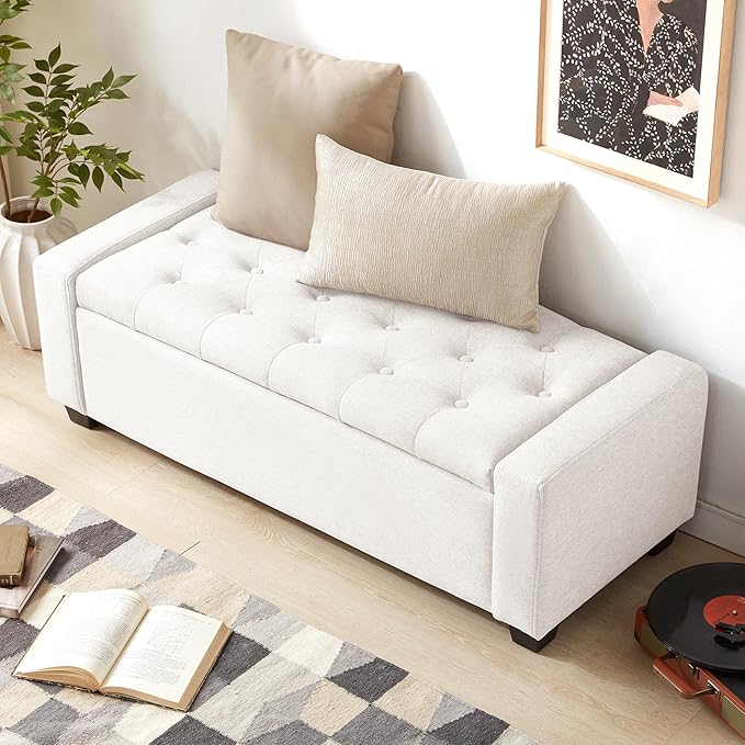 48" Ottoman with Storage, White Storage Ottoman Bench with Safety Hinge, Upholstered Entryway Bench with Seating for Bedroom, Living Room, Holds up to 330 lb-PawvioPets